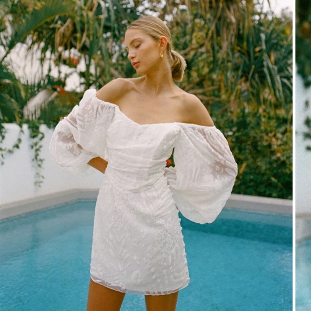 Sabo Skirt White Off-Shoulder Bishop Sleeve Sundress